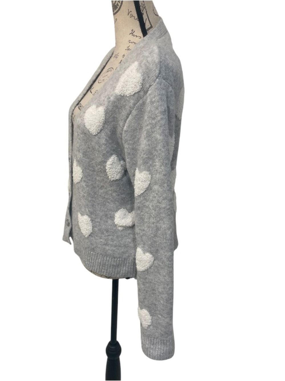 Cupcakes and Cashmere Gray Heart Cardigan Sweater Soft Cozy Knit Size M - Picture 3 of 12